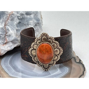 Barse Tooled Leather Band W/ Large Orange Agate Stone In A Copper Setting
